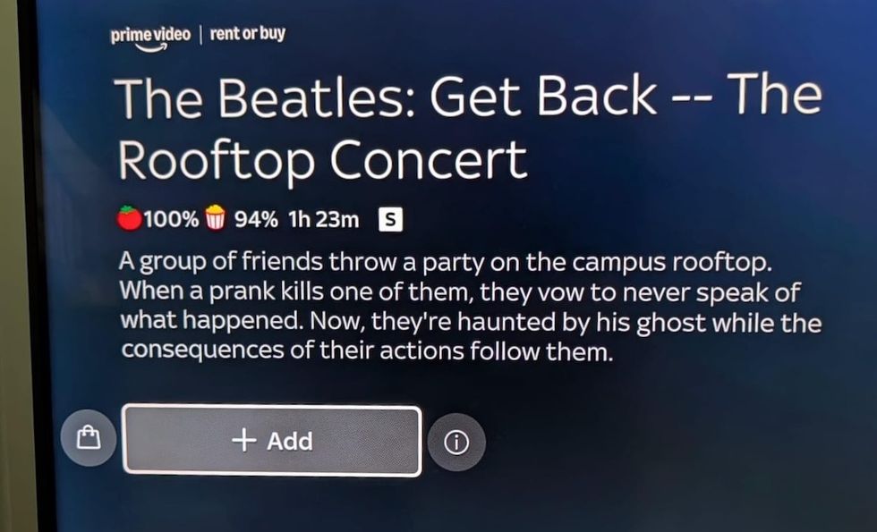 Prime Video screen: "The Beatles: Get Back" with an unrelated plot description.