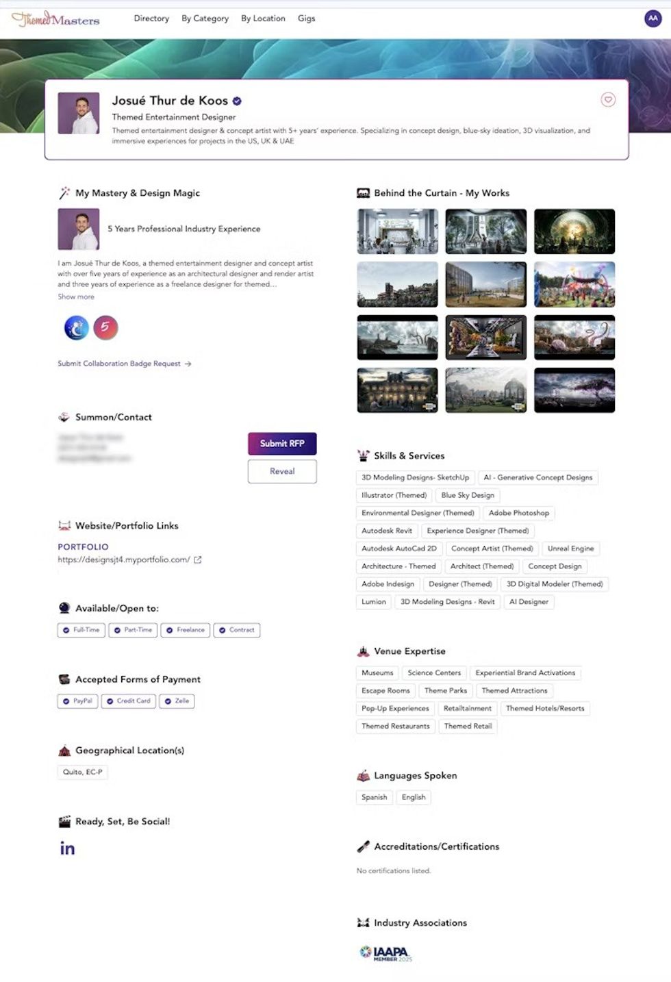 Profile page of themed entertainment designer with skills, portfolio, and contact details.