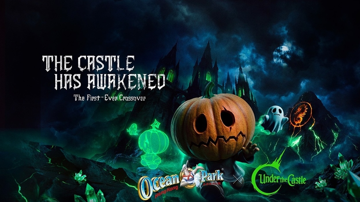 Pumpkin head with spooky castle and ghostly figures under a moonlit sky; "The Castle Has Awakened".