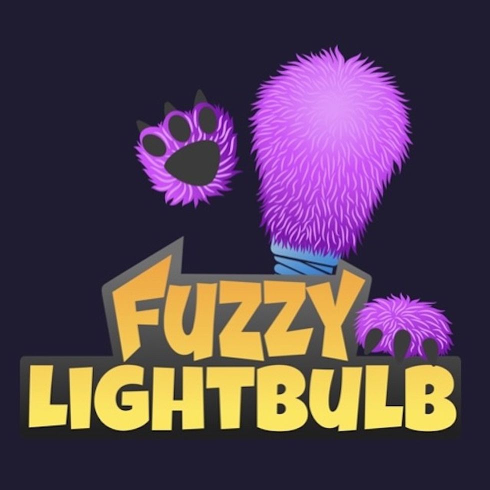 Purple fuzzy lightbulb design with paw prints, text reads "Fuzzy Lightbulb."