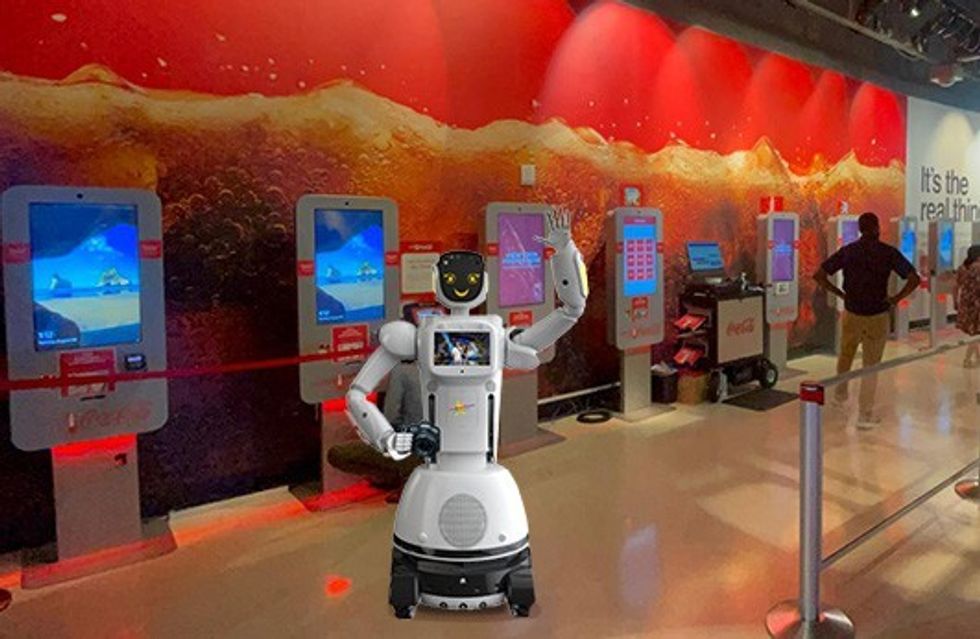 purple humanoid robot showtime pictures blooloop innovation awards 2022 photography robot stands in attraction