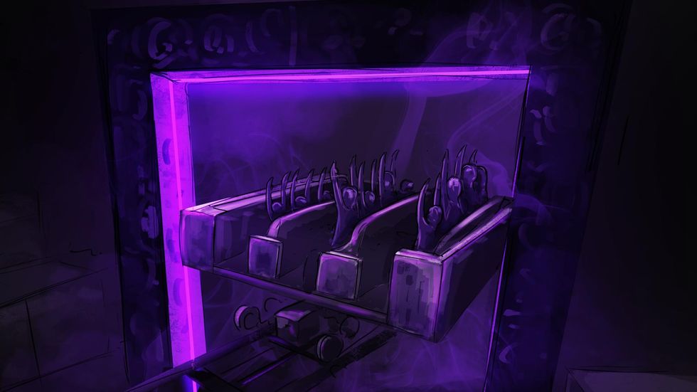 Purple neon-lit chest with Minecraft-themed roller coaster and riders