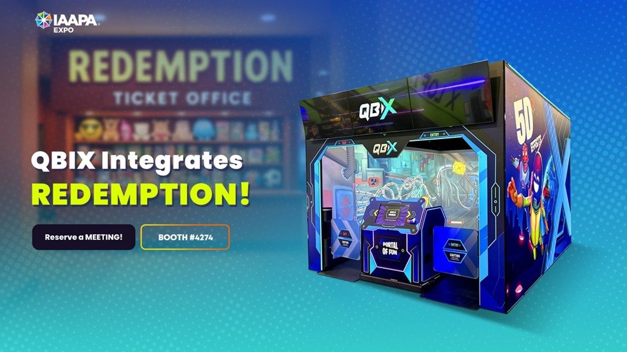QBIX six-player immersive gaming room, featuring "Redemption" integration. Reserve a meeting at IAAPA Expo, booth #4274.