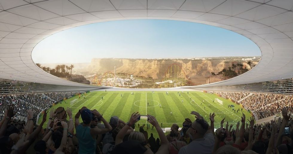 Qiddiya artist impression - Cliff Edge Stadium with Six Flags Qiddiya in background