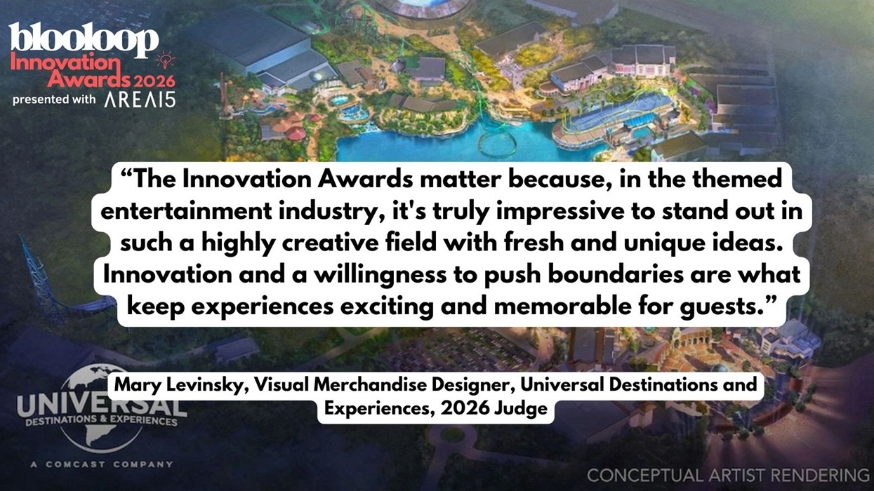 Quote on creativity in themed entertainment, blooloop Innovation Awards 2026 backdrop.