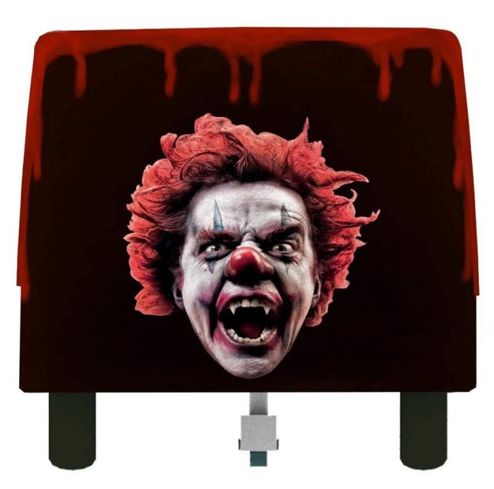 rear of ride vehicle with gruesome clown vampire face by eos rides