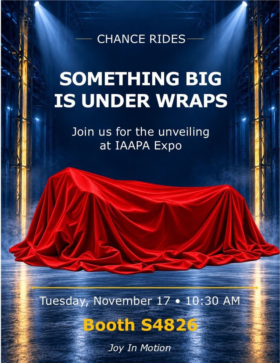 Red-draped object with text: "Chance Rides unveiling at IAAPA Expo, Booth S4826."
