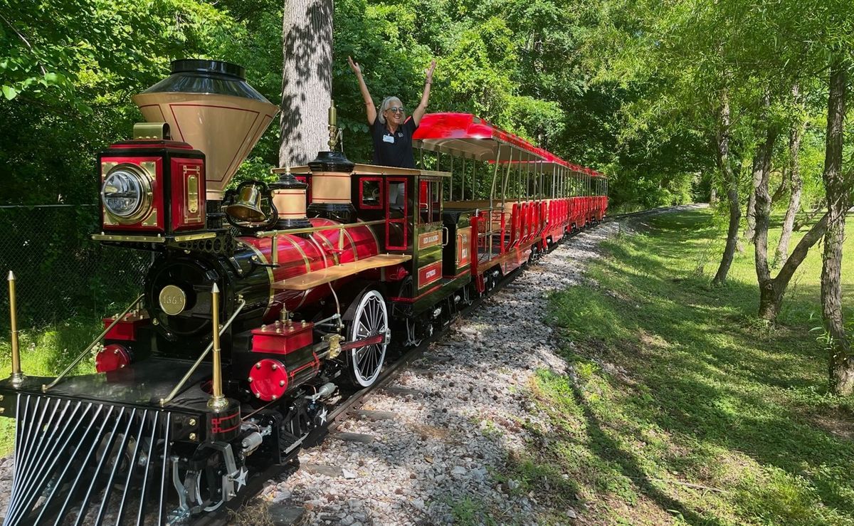 Red mini train on a forest track with person joyfully standing in the cab.