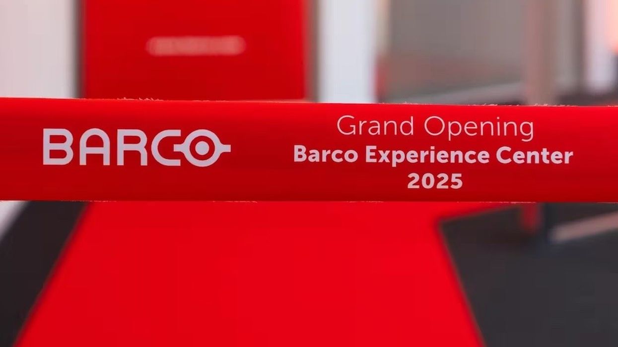 Red ribbon with "Grand Opening Barco Experience Center 2025" text.