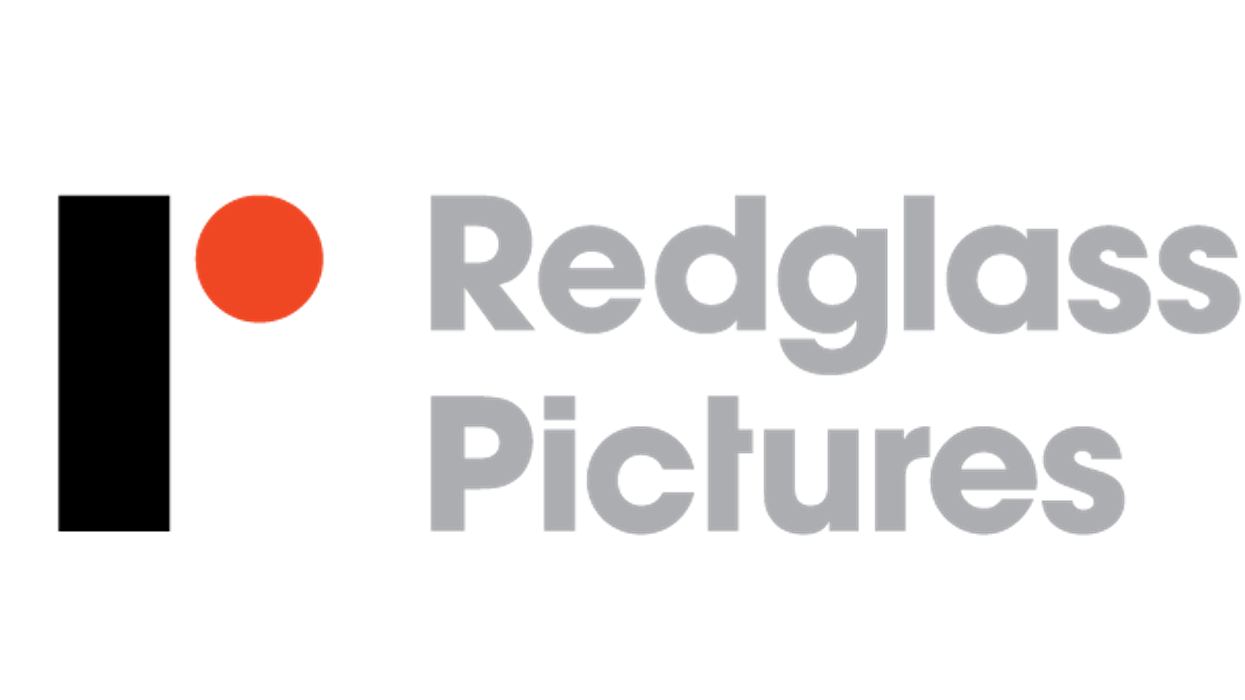 Redglass Pictures logo with red circle and black rectangle.