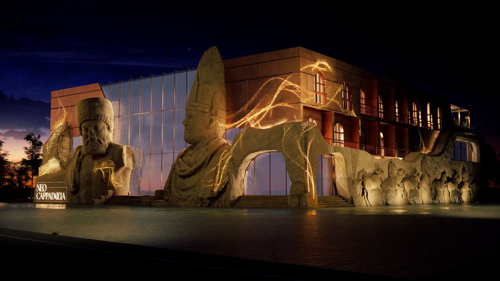 Render of a modern building with stone statues and warm lighting at night, labeled "Neo Cappadocia."
