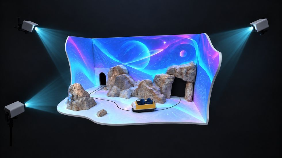 Render of a space-themed ride with rocky terrain and projected planets.