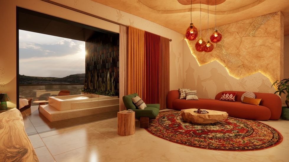 Render of cozy room with red sofa, round rug, pendant lights, and open view of a patio and landscape at Neo Cappadocia