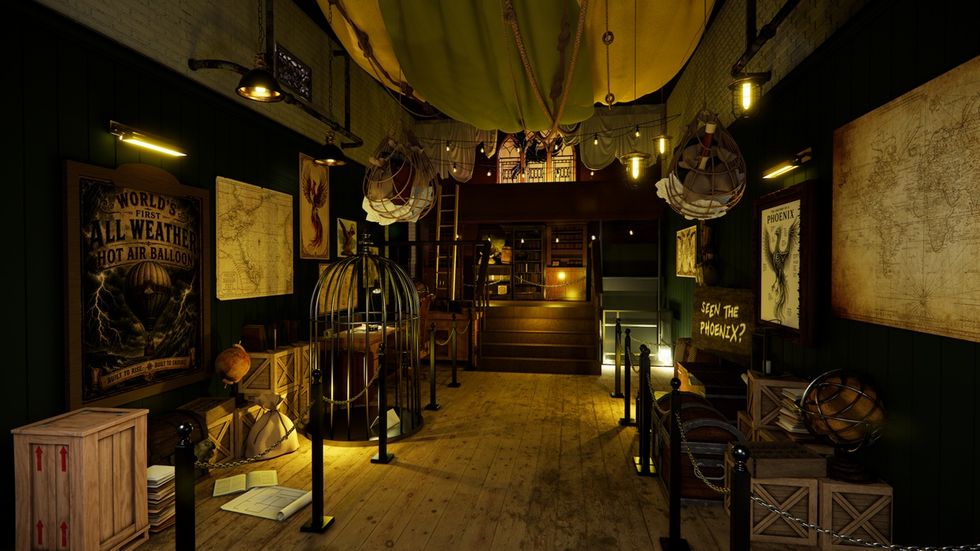 Render of dimly lit vintage room with maps, hot air balloon, and globe decor at Neo Cappadocia