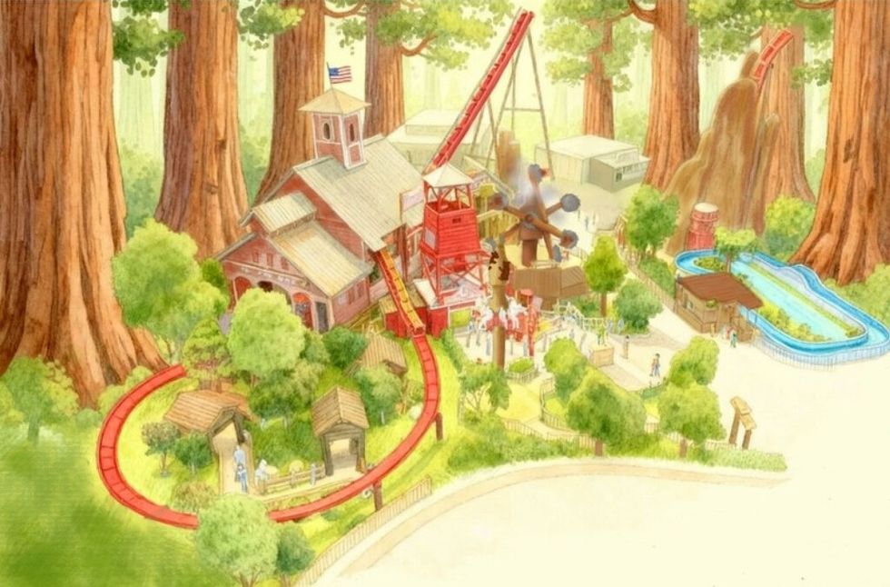 Render of Fireline Redwood, with red train, trees, water ride, and rustic buildings.