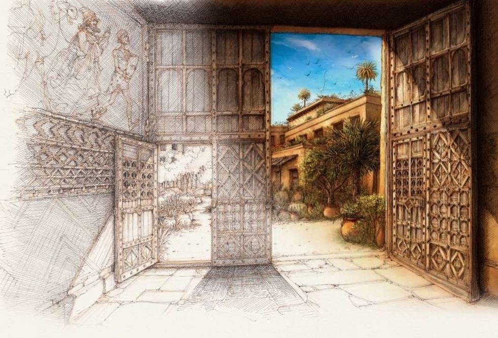 Render of L'Odyss\u00e9e. Open wooden doors reveal a sunny courtyard with palm trees and ancient buildings.