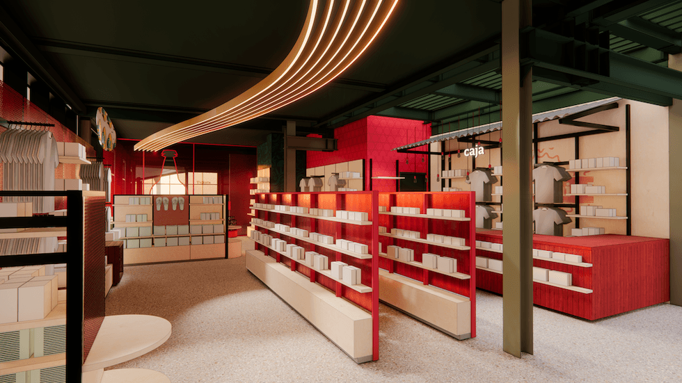 Rendering for Balashi Beer Experience shows a modern retail store interior with red shelves and curved ceiling lights.