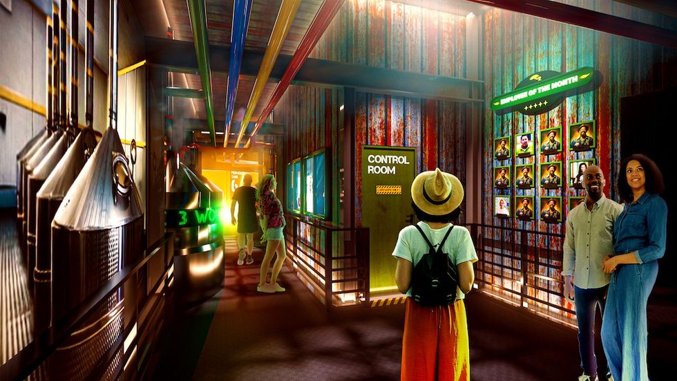 Rendering for Balashi Beer Experience shows industrial hallway with colorful pipes, people observing walls, and a "Control Room" door.