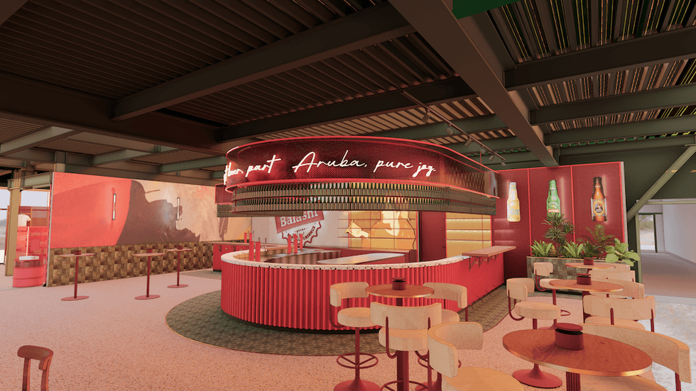Rendering for Balashi Beer Experience shows modern bar with red accents, round tables, and neon sign: "Aruba, pure joy."