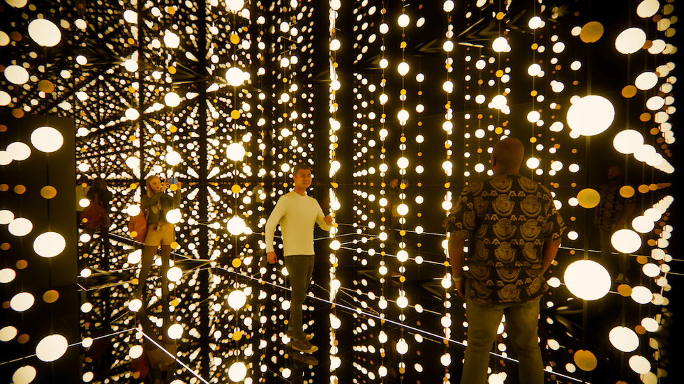 Rendering for Balashi Beer Experience shows people in a mirrored room filled with hanging, glowing white bulbs.