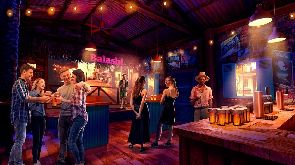 Rendering for Balashi Beer Experience shows people socializing in a vibrant bar with warm lighting and Balashi sign.