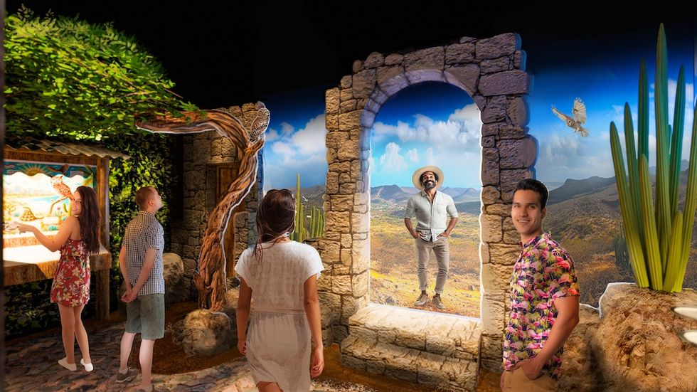 Rendering for Balashi Beer Experience shows visitors exploring a nature-themed exhibit with a stone archway and desert scenery.