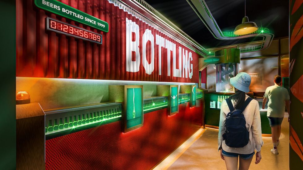 Rendering for Balashi Beer Experience shows woman in hat exploring a colorful bottling facility with green lighting.
