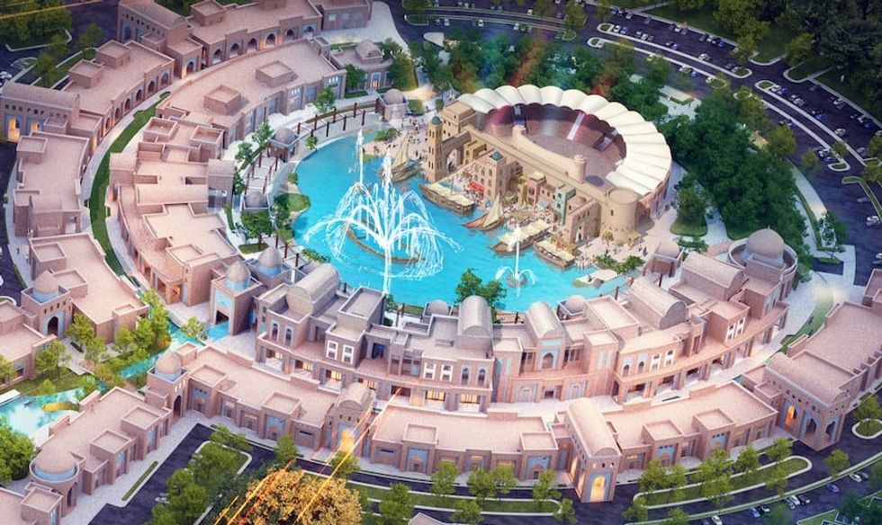 Rendering of a bird's eye view of the Karavan Saray boardwalk and water feature