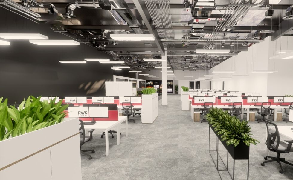 Rendering of a modern office in RWS Global's Milton Keynes facility, with rows of desks, black ceiling, and abundant indoor plants.