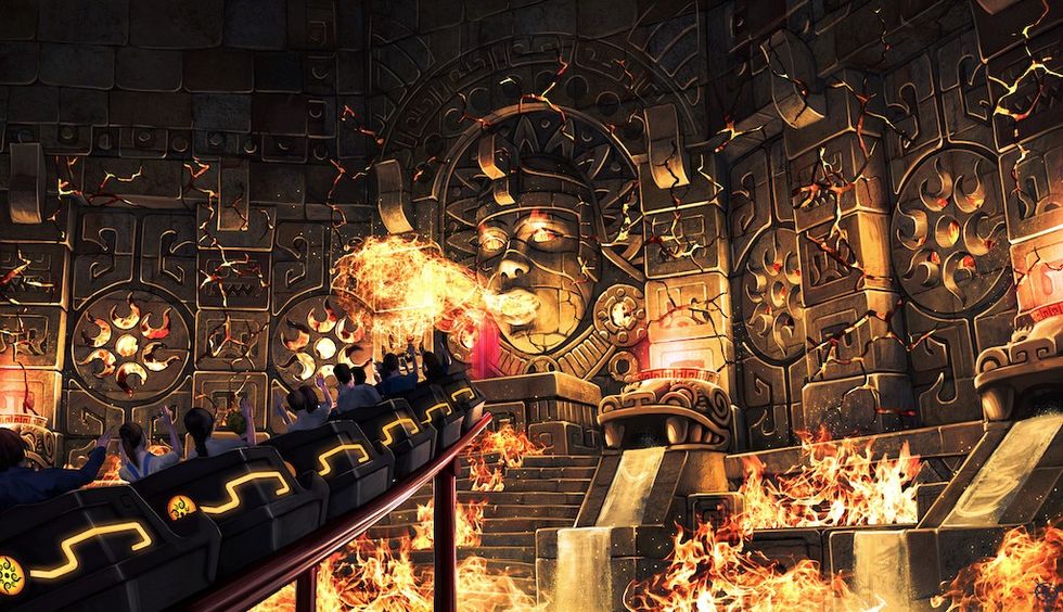 Rendering of BON's Ashara Goddess of Fire coaster in fiery, ancient temple with ornate stone carvings and glowing flames.