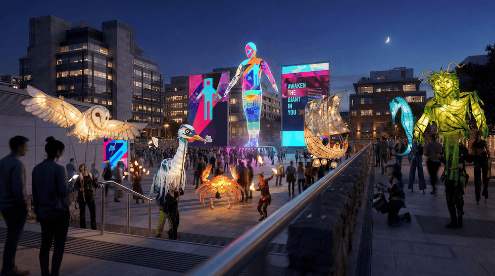 Rendering of night festival with lantern parade around The Giant at Georges Docks, Dublin