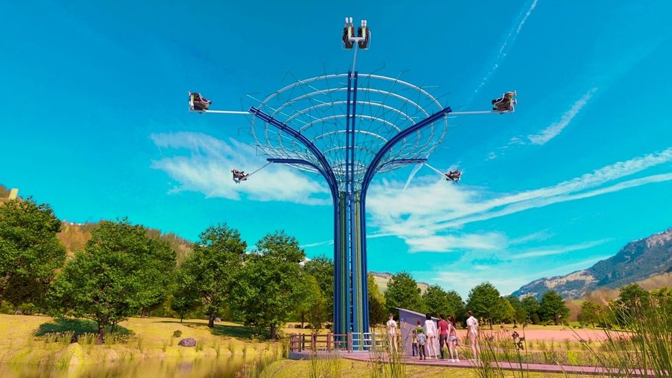 Rendering of the Rocking Tower, a futuristic carousel ride with people in a scenic, grassy landscape.