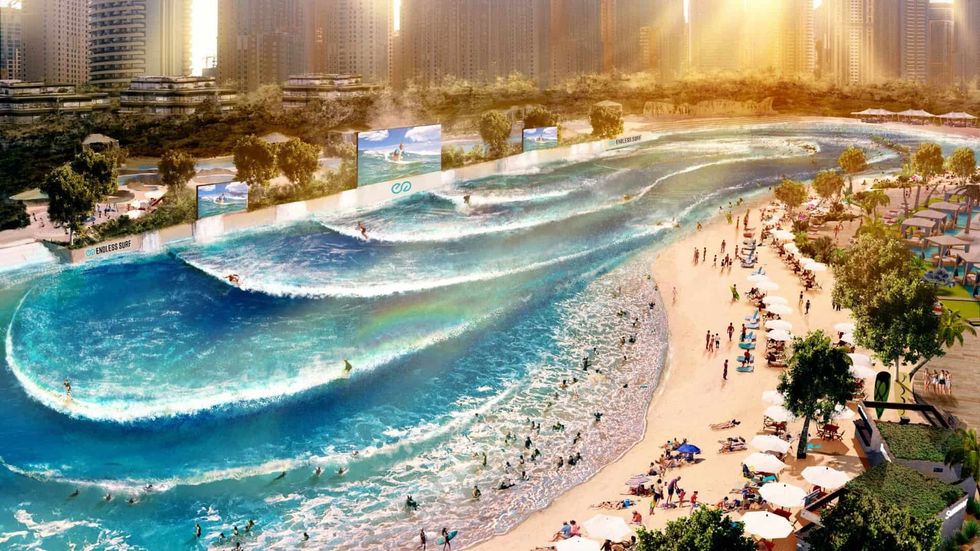 Rendering of WhiteWater West'sendless surf attraction, with a beach and artificial waves