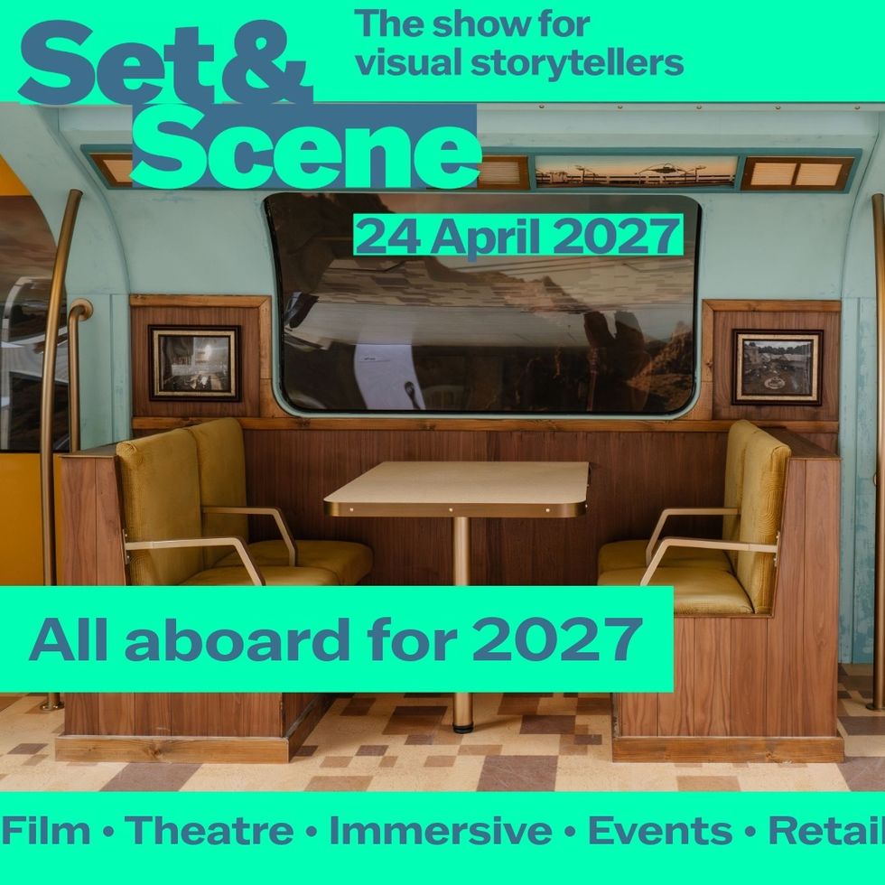 Retro dining booth with "Set & Scene" event details for April 24, 2027.