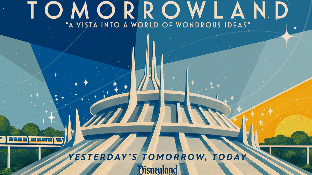Retro Tomorrowland poster with Space Mountain and a futuristic monorail.