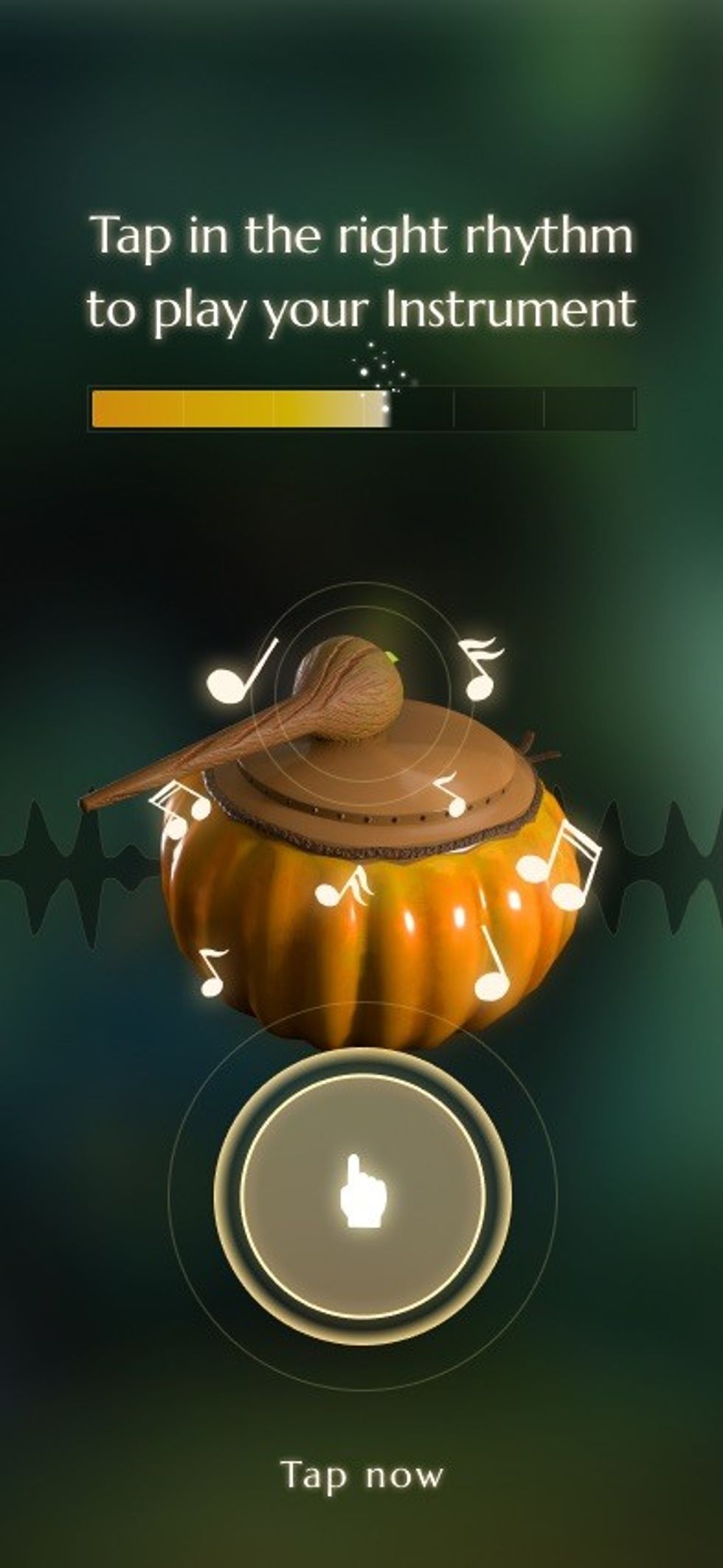 Rhythm game interface with drum, notes, and tap instructions.