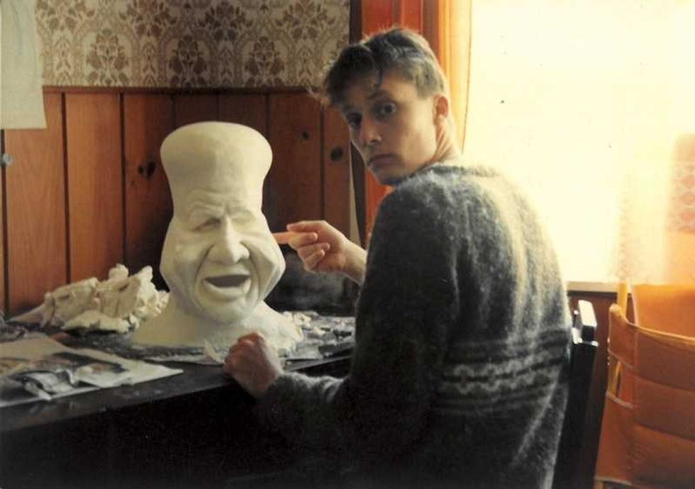 Richard Taylor with a margarine sculpture made for the TV series Public Eye