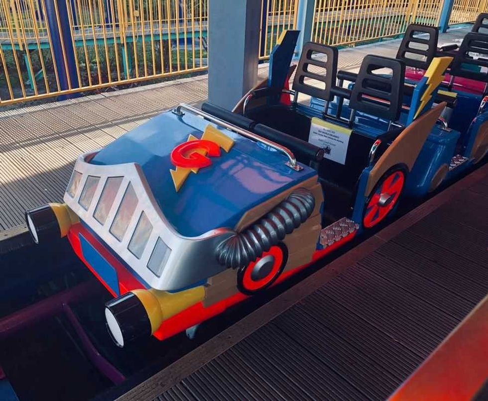 Ride vehicle of Super Grover's Box Car Derby at Sesame Street Land at SeaWorld Orlando