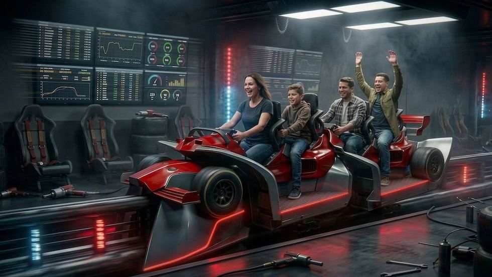 Riders in a futuristic car simulator with vibrant lighting and monitor displays - concept art Maurer Spike Tandem