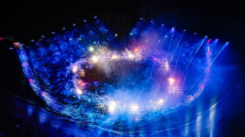 Ring of fire works at Symphony of the Green Island, C\u00e1t B\u00e0 Island