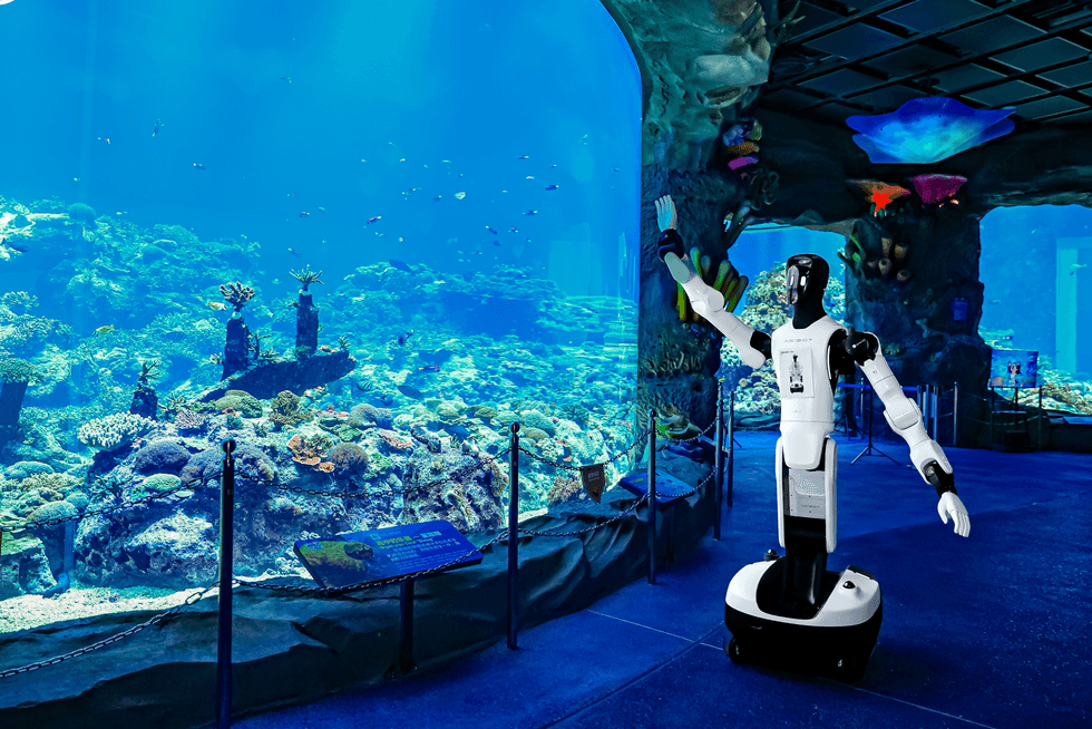 Robot interacts with large aquarium display, showcasing marine life at Chimelong Spaceship