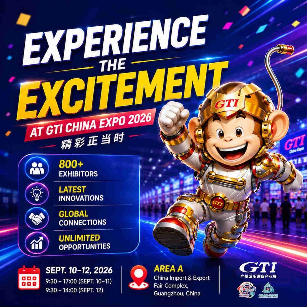Robot monkey promoting GTI China Expo 2026 with event details and schedule.