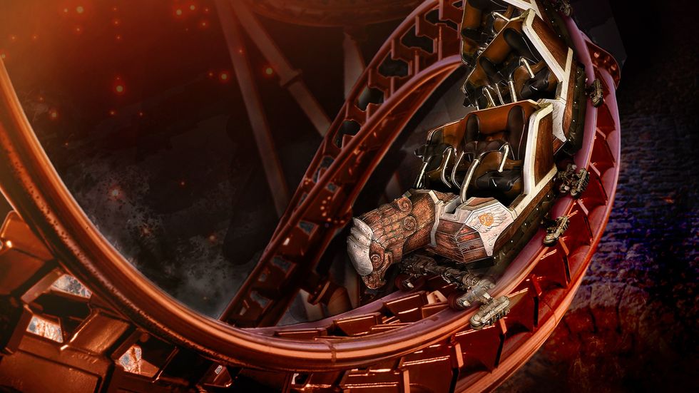 Roller coaster cart on a twisting red track, with glowing orange lights.