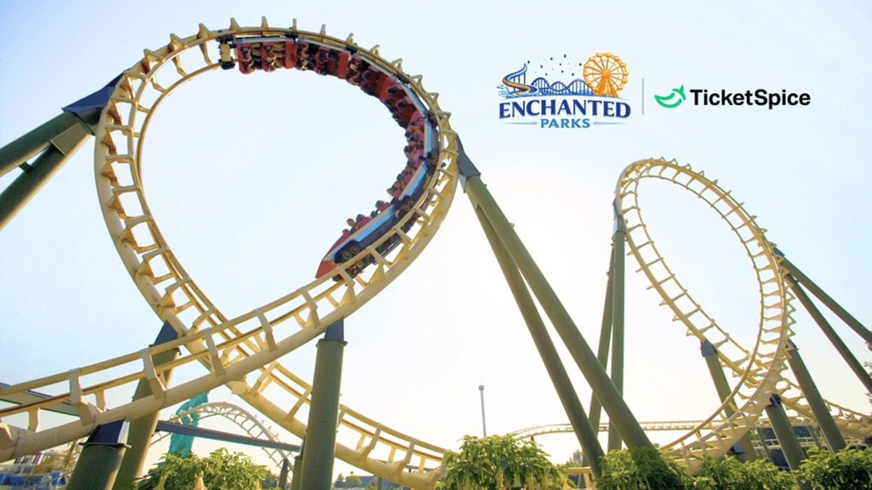 Roller coaster loop with Enchanted Parks and TicketSpice logos above.