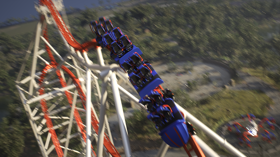 Roller coaster making a sharp turn on a steep, twisted track with trees in the background.
