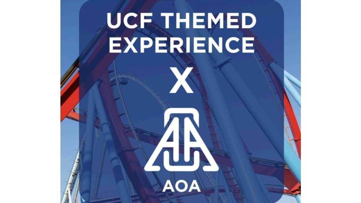 "Roller coaster structure with 'UCF Themed Experience x AOA' text overlay."