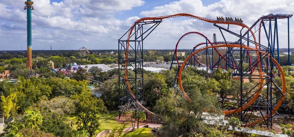 Roller coaster twisting through a lush theme park under a cloudy sky.