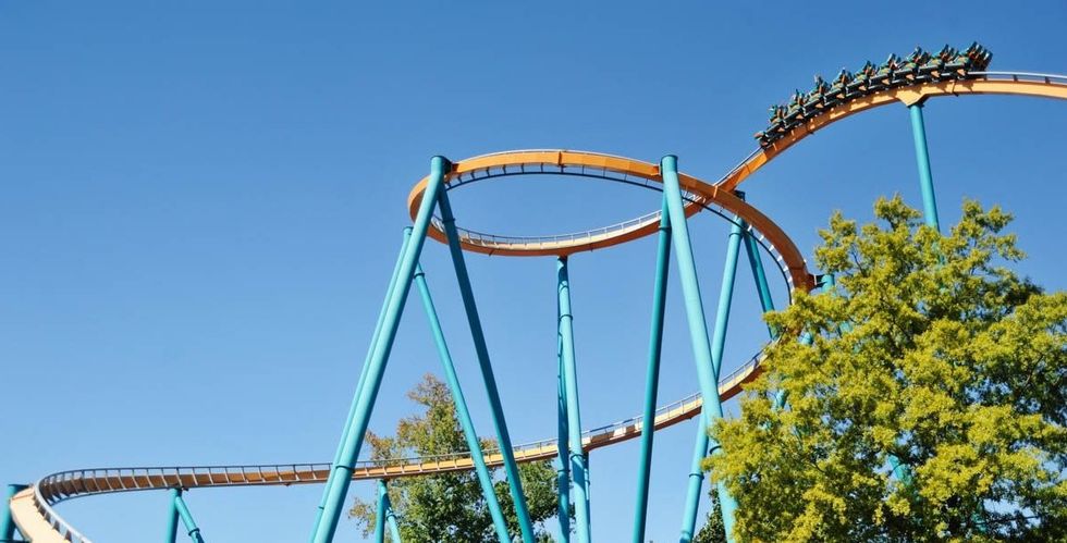 Roller coaster with a loop against a clear blue sky, surrounded by green trees.