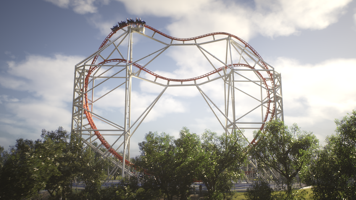 Roller coaster with steep drop and loops against a cloudy sky, surrounded by trees.