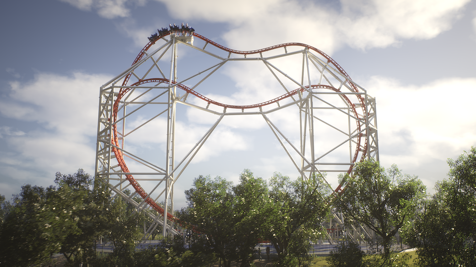 Roller coaster with steep drop and loops against a cloudy sky, surrounded by trees.